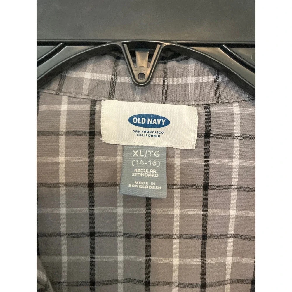 Old Navy Boys XL 14-16 Plaid Button Down Shirt Grey Black Long Sleeve Regular